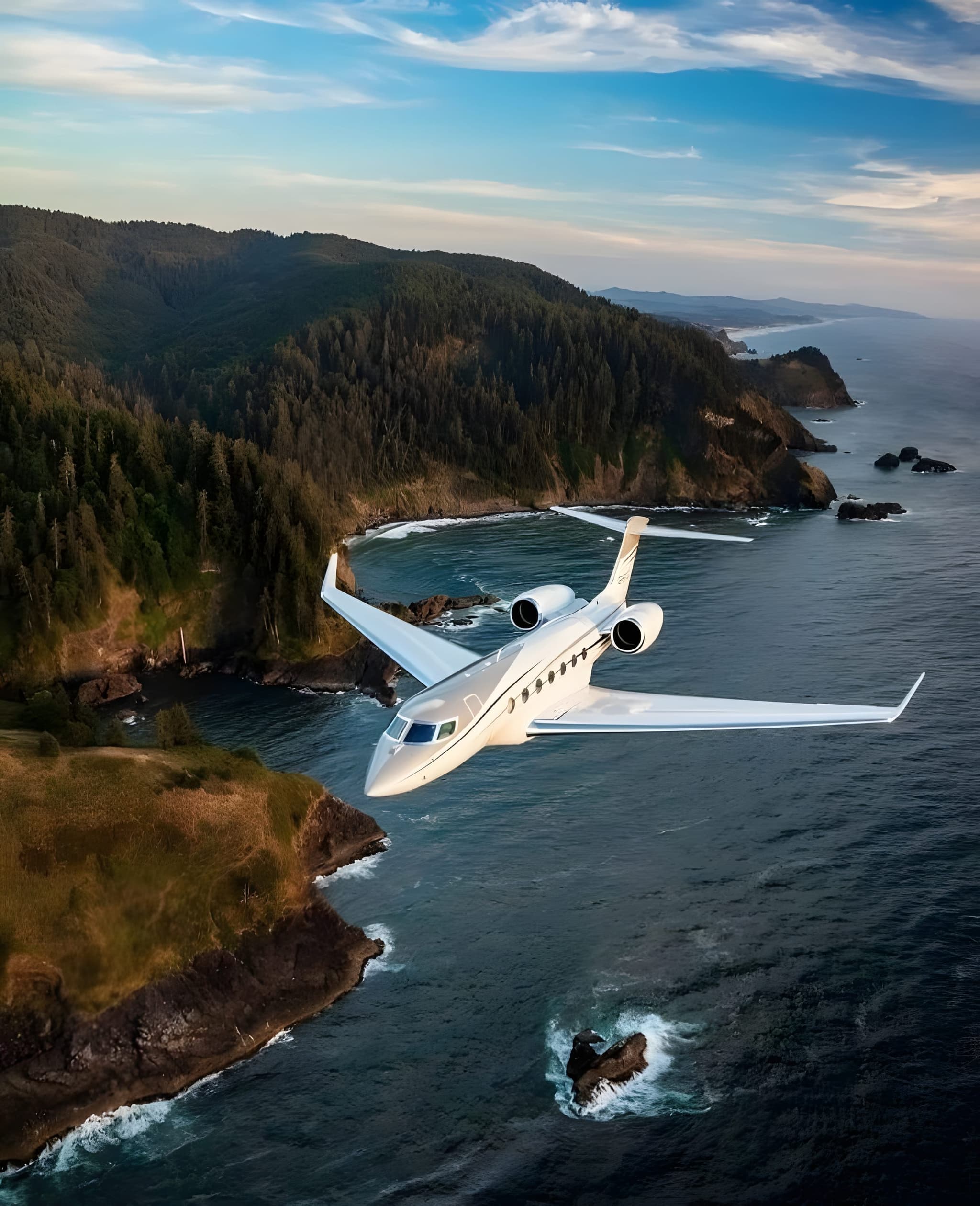 A private business jet in flight over a forested coastline