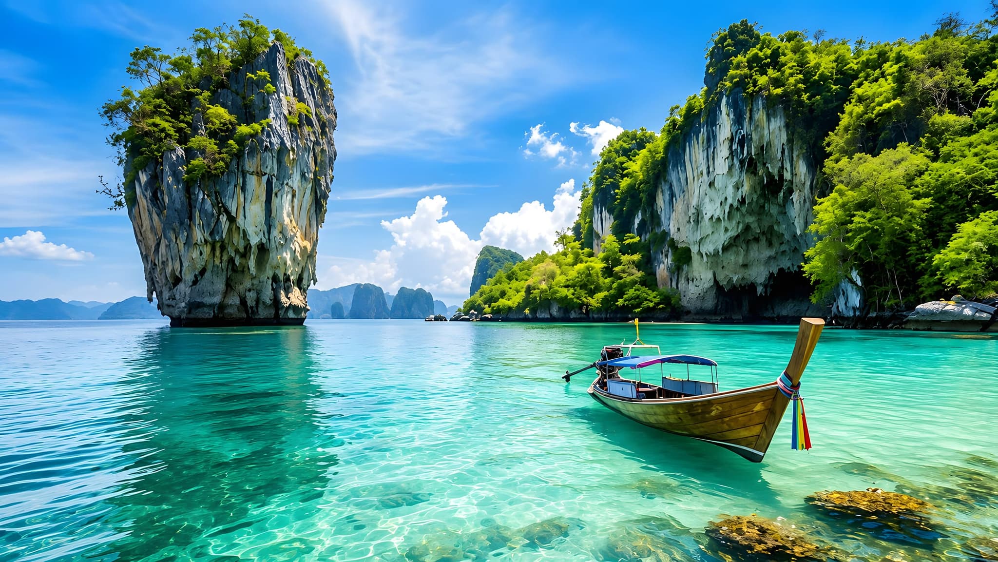A longtail boat moored among limestone karsts in turquoise water in Phang Nga Bay