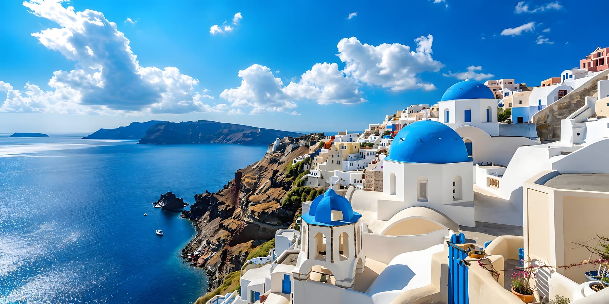 Whitewashed houses and blue-domed churches above the caldera in Santorini