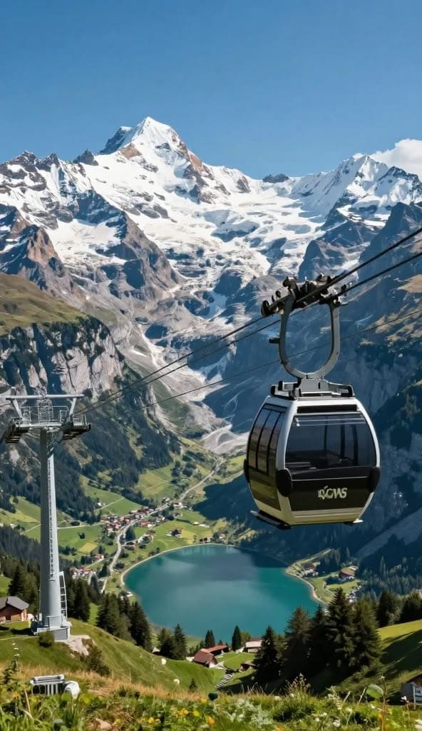A cable car gliding above a green alpine valley toward snow-capped peaks and a turquoise mountain lake