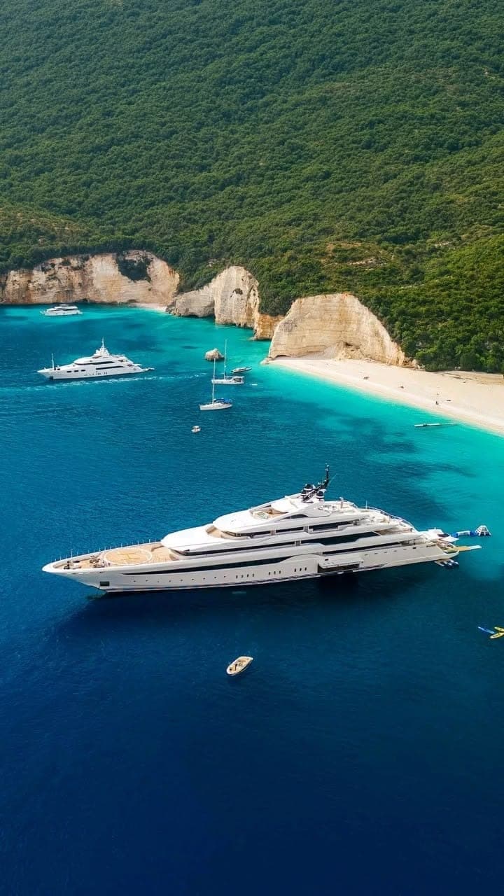 A superyacht anchored in a turquoise cove below forested cliffs