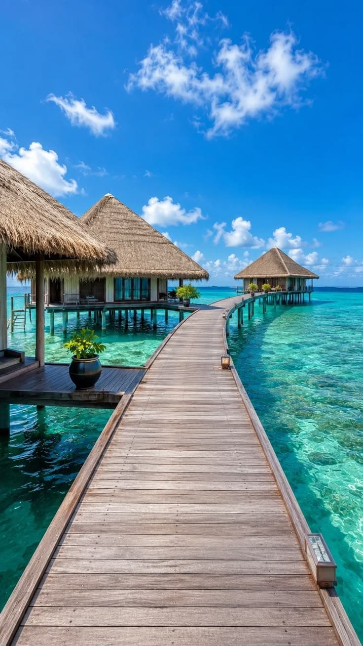 A timber boardwalk leading to thatched overwater villas above a turquoise Maldivian lagoon