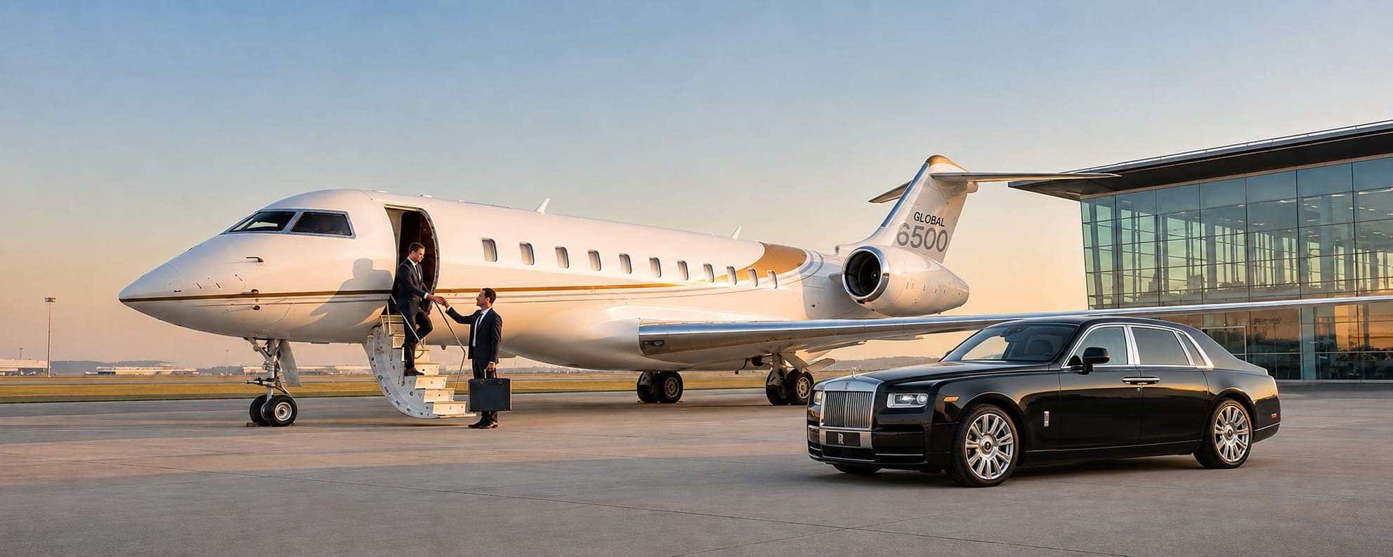 A Global 6500 private jet and a chauffeured black Mercedes-Benz saloon on an airport apron at dusk